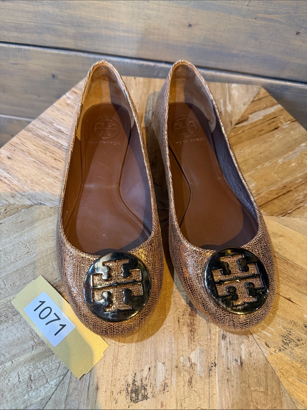 Tory Burch Bronze Metallic Logo Ballet Flats